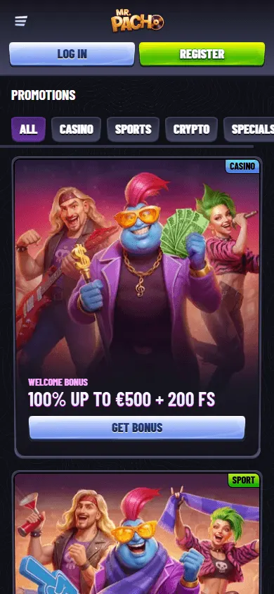 Mr Pacho Casino promotions area in a mobile browser