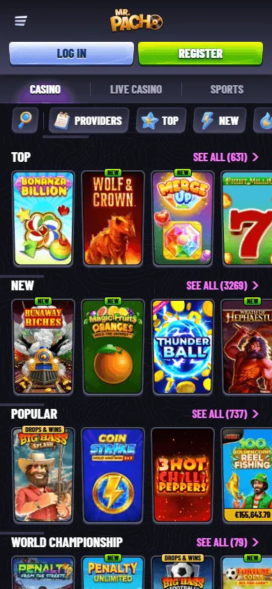 Mr Pacho Casino games area in a mobile browser