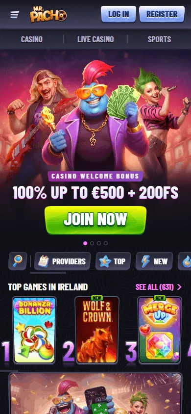 Mr Pacho Casino home page in a mobile browser